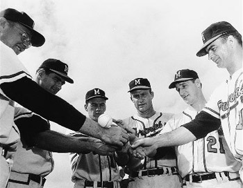 Braves hurlers (from left to right) Bob Rush, Joey Jay, Carl Willey, Lou Burdette, Warren Spahn, and Bob Buhl helped Milwaukee to the second-best earned run average in the National League in 1959. (ROBERT KOEHLER COLLECTION)