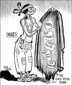 The Braves’ once-royal robe was in need of refurbishment by the end of the 1962 season. (COURTESY MARQUETTE UNIVERSITY ARCHIVES, FRANK J. MARASCO CARTOON COLLECTION)