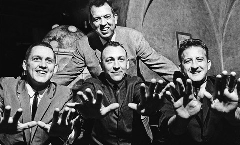 With the off-season departure of Del Crandall, Braves manager Bobby Bragan (standing) relied on his revamped catching corps of (from left to right) Gene Oliver, Ed Bailey, and Bob Uecker. (MILWAUKEE JOURNAL SENTINEL)