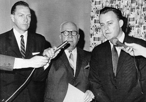 Following a meeting of National League officials and club owners to discuss plans for the Braves’ transfer from Milwaukee to Atlanta, National League president Warren Giles was flanked by John McHale (left) and Bill Bartholomay (right) during a press conference. (DAVID KLUG COLLECTION)