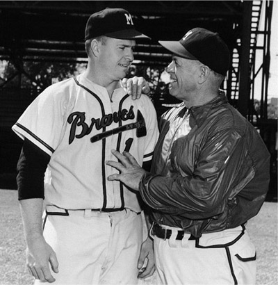 Braves catcher Del Crandall with manager Charlie Grimm (ROBERT KOEHLER COLLECTION)