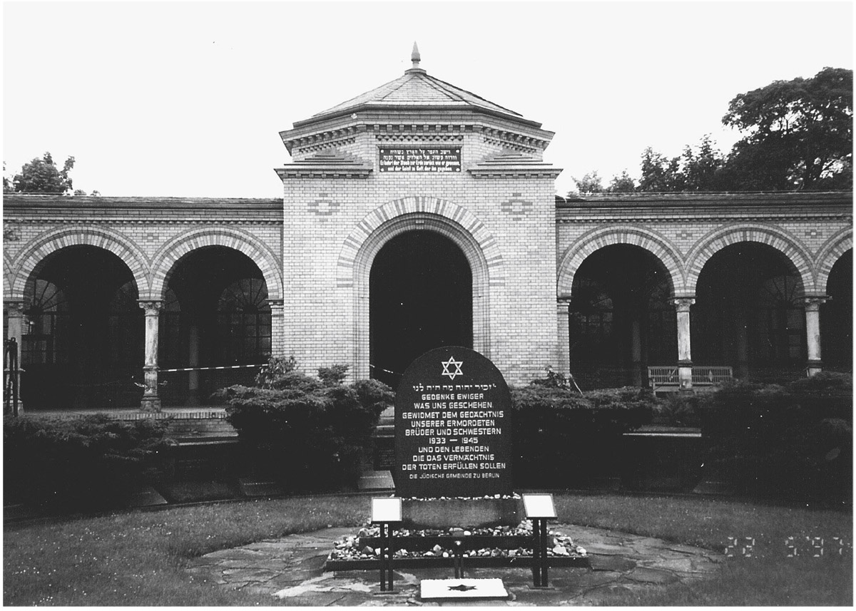 Illustration. Entrance to Weissensee cemetery, where the majority of Jewish suicides were buried. The inscription on the memorial plaque reads: Remember eternally what happened to us. Dedicated to the memory of our murdered brothers and sisters. 1933–1945 And the living who have to fulfill the legacy of the dead.