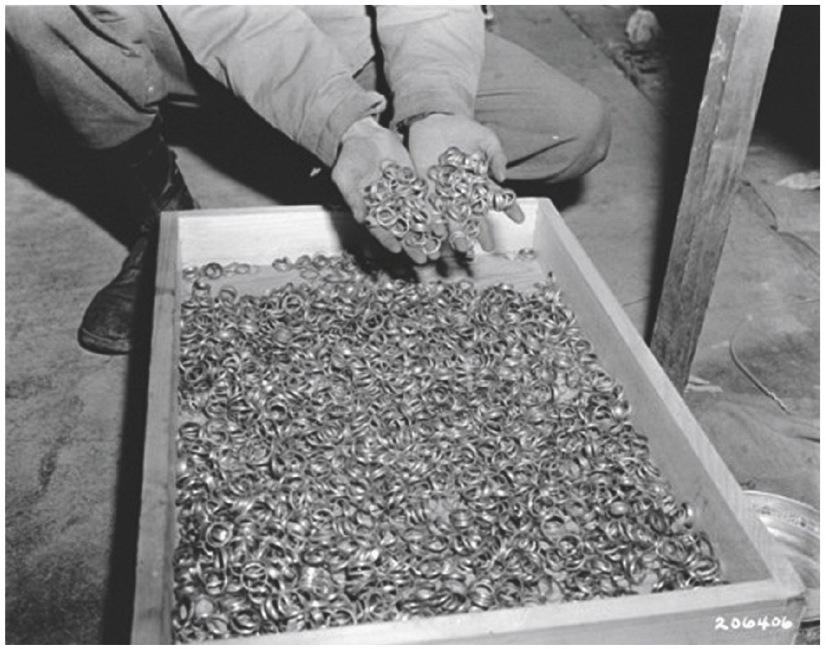 Illustration. Rings plundered from Jewish prisoners by the Nazis. Courtesy of USHMM Photo Archives