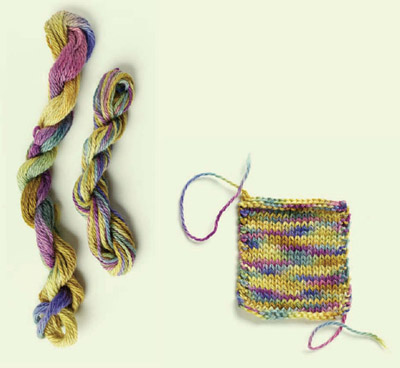 Left: variegated yarn before and after reskeining. Right: knitted fabric.