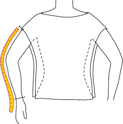 Measure the sleeve length from the shoulder seam down your bent arm to the desired sleeve length.