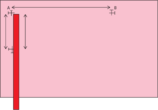 Lay a yardstick along the row line at point A and mark the desired armhole depth with crossed pins. Count the number of stitches between these points.