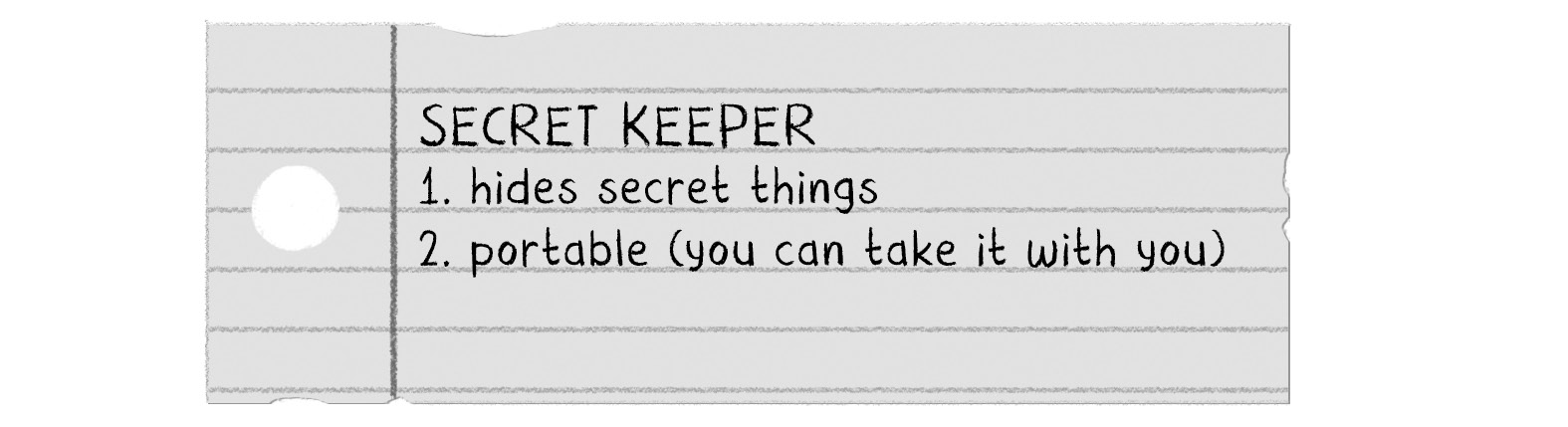 Image: a scarp of notepaper. Text: SECRET KEEPER. 1 - hides secret things. 2 - portable (you can take it with you).