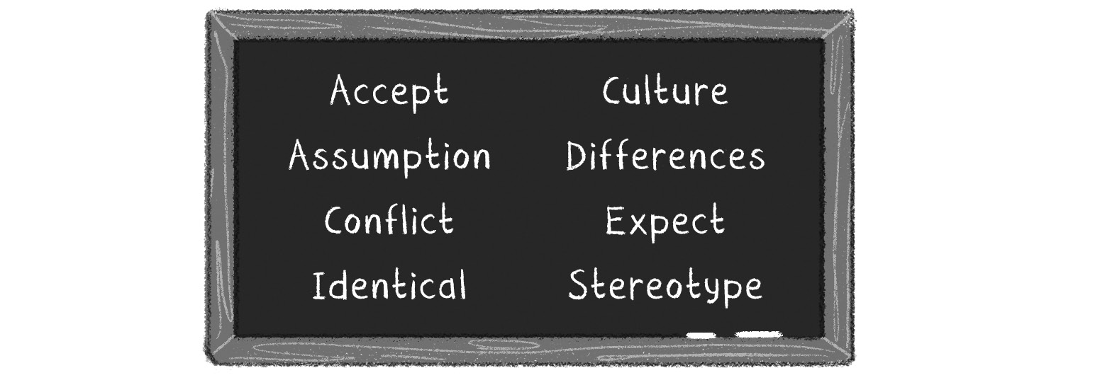 Image: a chalkboard. Text: Accept. Culture. Assumption. Differences. Conflict. Expect. Identical. Stereotype.