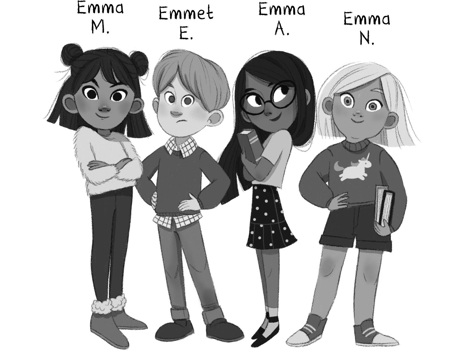 The four Emmas stand in a row.