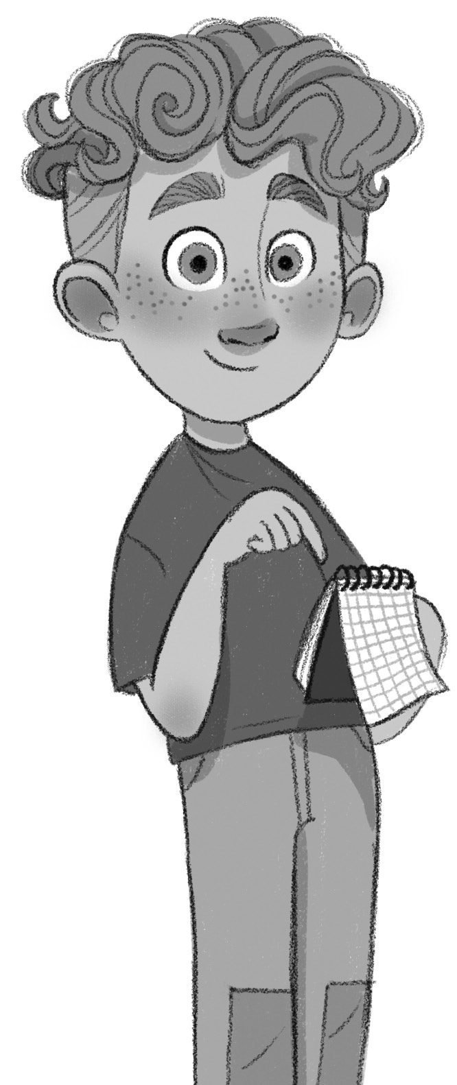 Charlie stands holding an open notepad of graph paper.