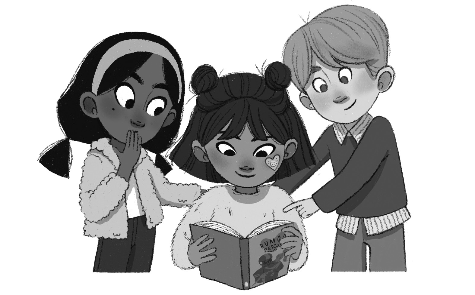 Emma M. is standing with an open book, while Ruby and Emmet stand on either side of her looking inside the book.