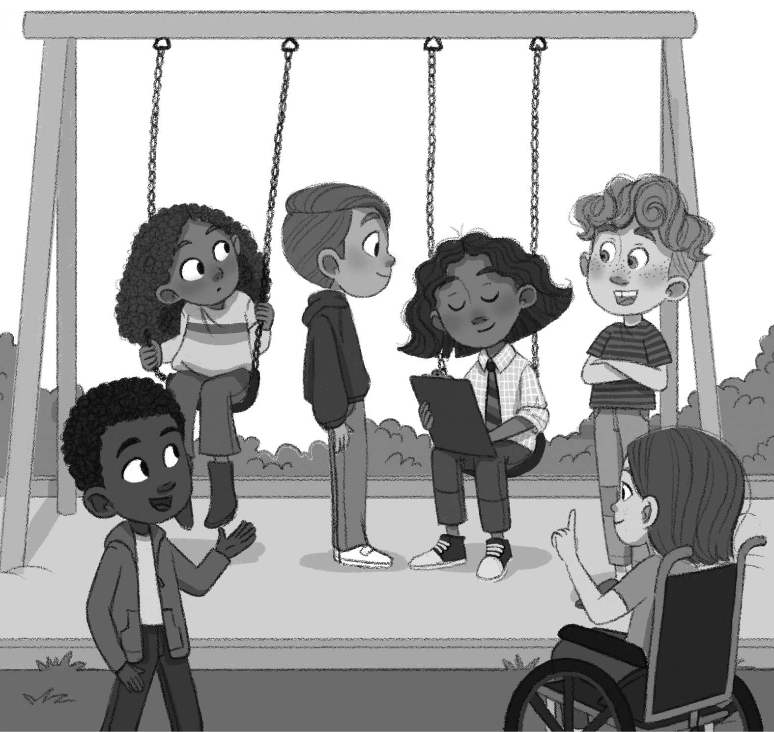 Wednesday sits in a playground swing with her clipboard, Charlie stands beside her. They are surrounded by four students all waiting to place orders.