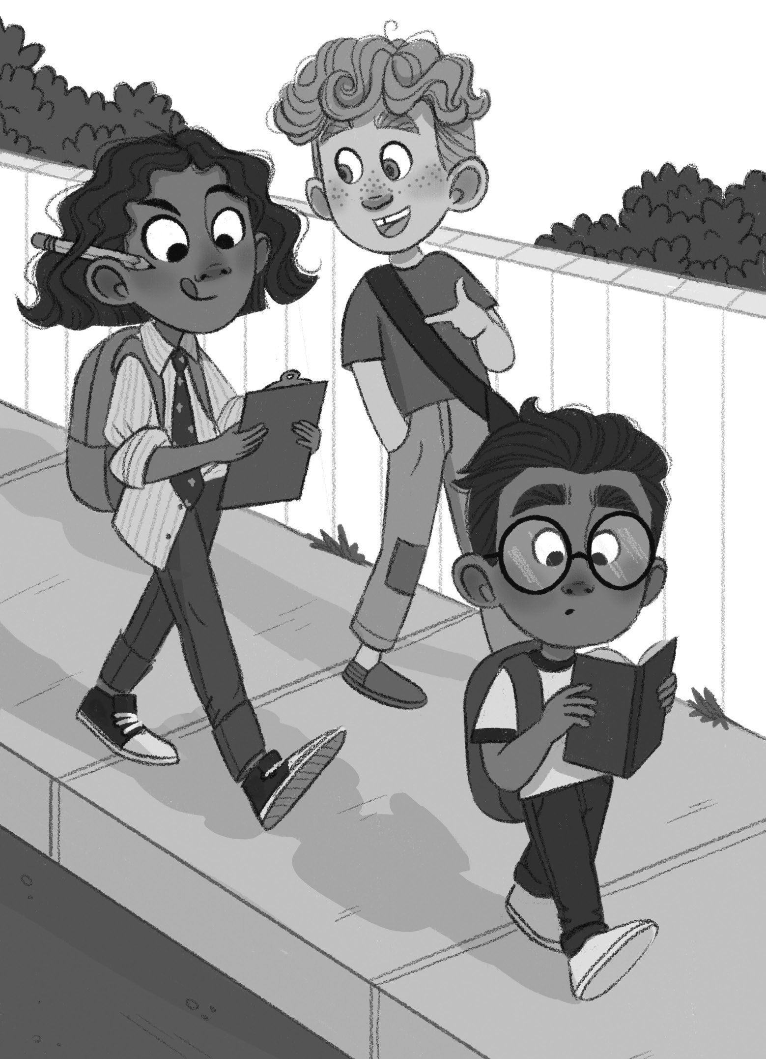 Wednesday is holding a clipboard with a pencil behind her ear, as she walks to school with Charlie and Mister, who is reading a book.