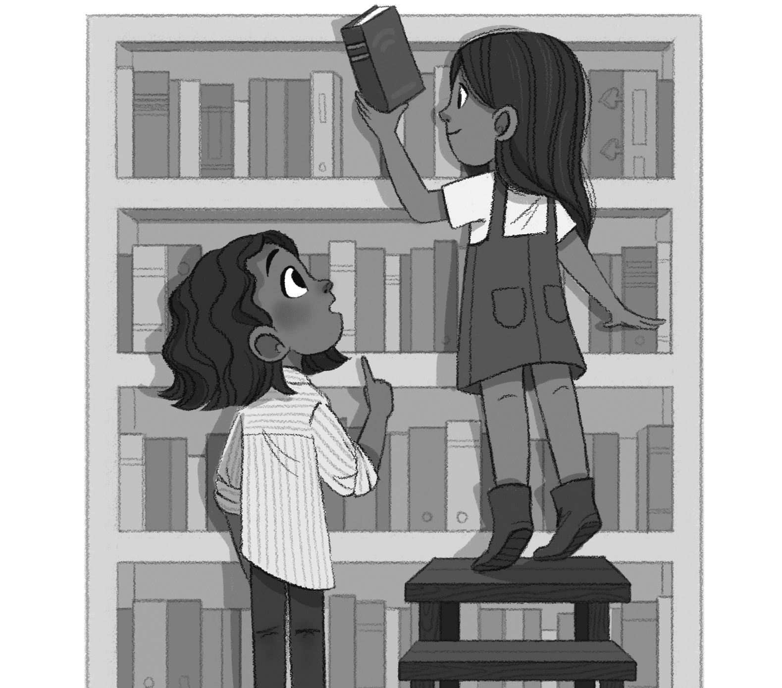 Amina stands on a stool taking a book of the top shelf, while Wednesday stands beside her on the ground.