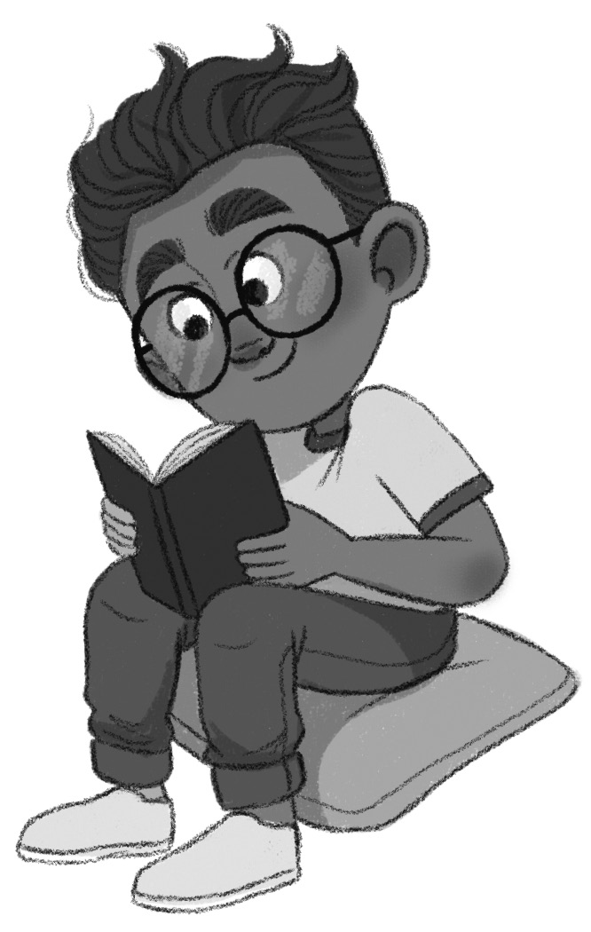 Mister sits on a pillow, wearing glasses and reading a book.