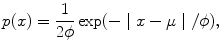 
$$p(x) = \frac{1} {2\phi }\exp (-\mid x - \mu \mid /\phi ),$$
