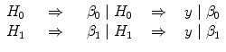 
$$\begin{array}{rcl}{ H}_{0}\ \ \ & \Rightarrow & \ \ \ {\beta }_{0}\mid {H}_{0}\ \ \ \Rightarrow \ \ \ y\mid {\beta }_{0} \\ {H}_{1}\ \ \ & \Rightarrow & \ \ \ {\beta }_{1}\mid {H}_{1}\ \ \ \Rightarrow \ \ \ y\mid {\beta }_{1}\end{array}$$
