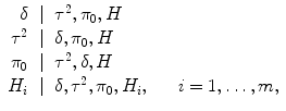 
$$\begin{array}{rcl} \delta & \mid & {\tau }^{2},{\pi }_{ 0},H \\ {\tau }^{2}& \mid & \delta,{\pi }_{ 0},H \\ {\pi }_{0}& \mid & {\tau }^{2},\delta,H \\ {H}_{i}& \mid & \delta,{\tau }^{2},{\pi }_{ 0},{H}_{i},\ \ \ \ \ i = 1,\ldots,m, \\ \end{array}$$
