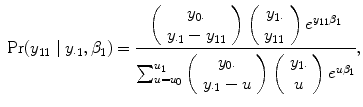 
$$\mbox{ Pr}({y}_{11}\mid {y}_{\cdot 1},{\beta }_{1}) = \frac{\left (\begin{array}{c} {y}_{0\cdot } \\ {y}_{\cdot 1} - {y}_{11} \end{array} \right )\left (\begin{array}{c} {y}_{1\cdot } \\ {y}_{11} \end{array} \right ){e}^{{y}_{11}{\beta }_{1}}} {{\sum \nolimits }_{u={u}_{0}}^{{u}_{1}}\left (\begin{array}{c} {y}_{0\cdot } \\ {y}_{\cdot 1} - u \end{array} \right )\left (\begin{array}{c} {y}_{1\cdot } \\ u\end{array} \right ){e}^{u{\beta }_{1}}},$$
