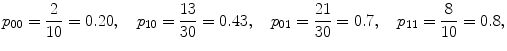 
$${p}_{00} = \frac{2} {10} = 0.20,\ \ \ {p}_{10} = \frac{13} {30} = 0.43,\ \ \ {p}_{01} = \frac{21} {30} = 0.7,\ \ \ {p}_{11} = \frac{8} {10} = 0.8,$$
