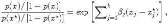 
$$\frac{p(x)/\left [1 - p(x)\right ]} {p({x}^{\star })/\left [1 - p({x}^{\star })\right ]} =\exp \left [{\sum \nolimits }_{j=1}^{k}{\beta }_{ j}({x}_{j} - {x}_{j}^{\star })\right ],$$
