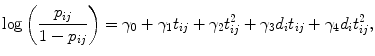 
$$\log \left (\frac{{p}_{ij}} {1 - {p}_{ij}}\right ) = {\gamma }_{0} + {\gamma }_{1}{t}_{ij} + {\gamma }_{2}{t}_{ij}^{2} + {\gamma }_{ 3}{d}_{i}{t}_{ij} + {\gamma }_{4}{d}_{i}{t}_{ij}^{2},$$
