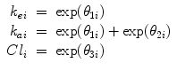 
$$\begin{array}{rcl} {k}_{ei}& =& \exp ({\theta }_{1i}) \\ {k}_{ai}& =& \exp ({\theta }_{1i}) +\exp ({\theta }_{2i}) \\ C{l}_{i}& =& \exp ({\theta }_{3i})\end{array}$$
