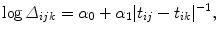 
$$\log {\varDelta }_{ijk} = {\alpha }_{0} + {\alpha }_{1}\vert {t}_{ij} - {t}_{ik}{\vert }^{-1},$$
