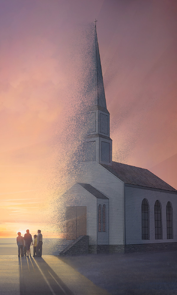 A family stands outside a church that is closed