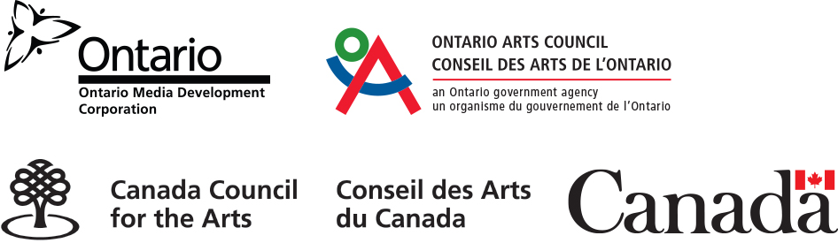 Logos for Canadian granting organizations: Ontario Media Development Corporation, Ontario Arts Council, Canada Council for the Arts, Canada Book Fund