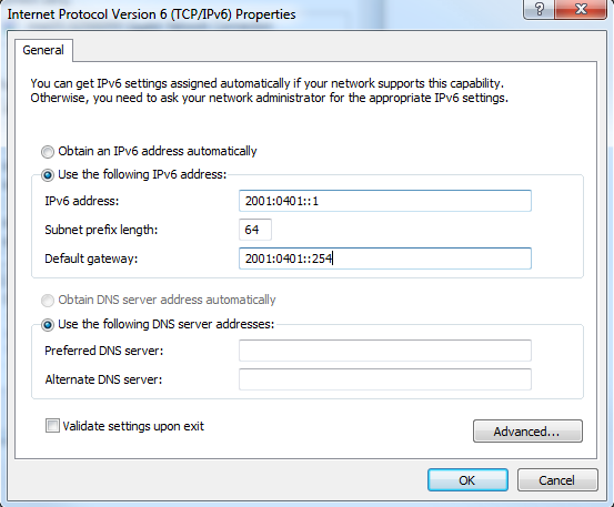 Windows 7 IPv6 configuration interface