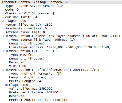 ICMPv6 router advertisement