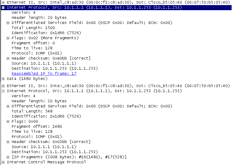 Sequential fragmented packets