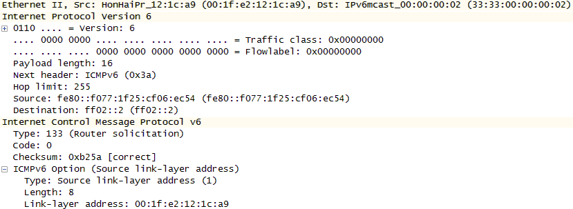 ICMPv6 router solicitation