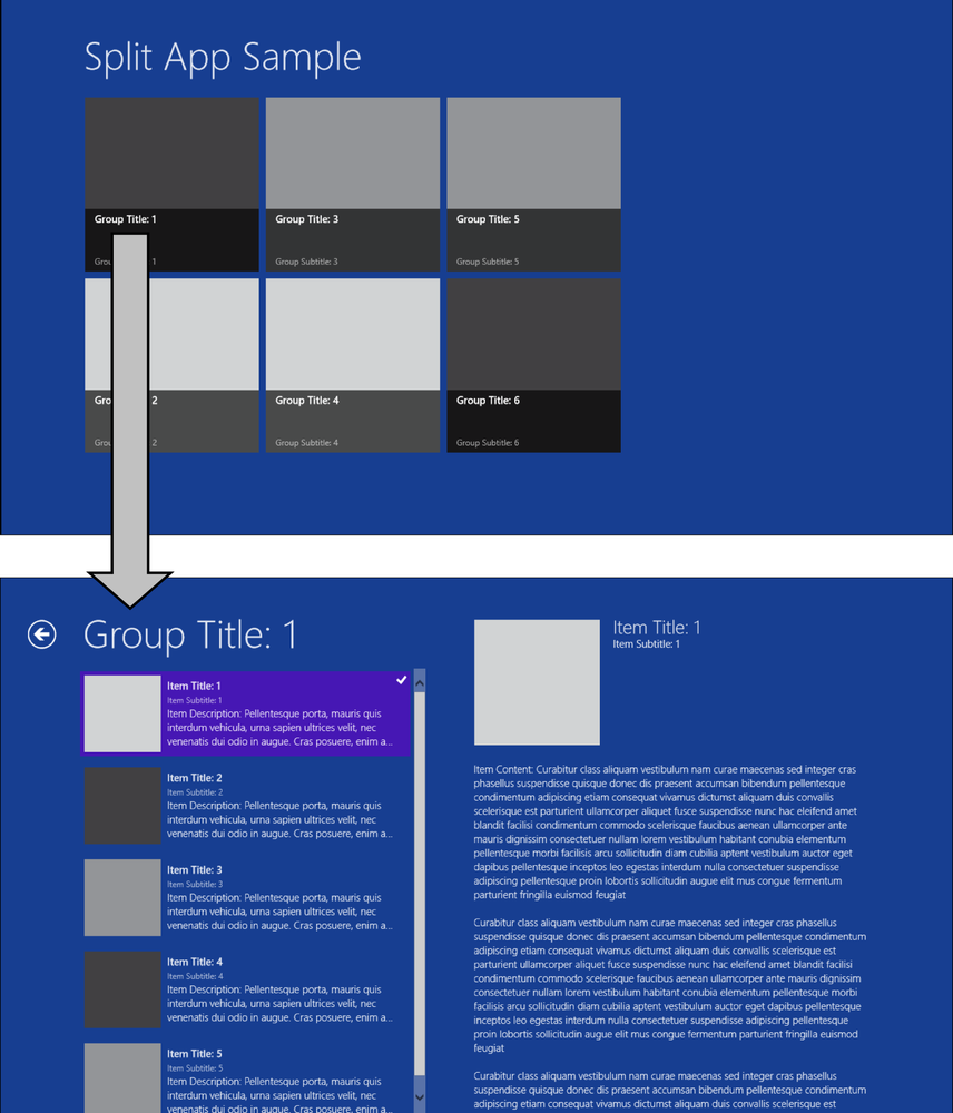 A screenshot of an app based on the Split App template showing hierarchical navigation. The app shows a main page (top) and an items details page (bottom). The user can navigate back to the main page using the back button in the item details page.