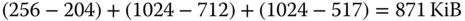 left-parenthesis 256 minus 204 right-parenthesis plus left-parenthesis 1024 minus 712 right-parenthesis plus left-parenthesis 1024 minus 517 right-parenthesis equals 871 KiB