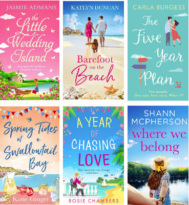 Advertisement images: The Little Wedding Island by Jaimie Admans, Barefoot on the Beach by Katlyn Duncan, The Five Year Plan by Carla Burgess, Spring Tides at Swallowtail Bay by Katie Ginger, A Year of Chasing Love by Rosie Chambers, Where We Belong by Shann McPherson