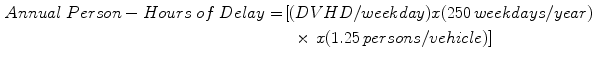 $$\begin{aligned} Annual\;Person - Hours\;of\;Delay = & \, [(DVHD/weekday)x(250\,weekdays/year) \\ & \;\; \times \,x(1.25\,persons/vehicle)] \\ \end{aligned}$$