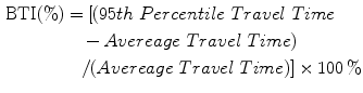 $$\begin{aligned} {\text{BTI}}(\%)& = [( 95th\; Percentile\; Travel\; Time\\ & \quad - Avereage\; Travel\; Time) \\ &\quad /(Avereage\; Travel\; Time)] \times 100\,\% \end{aligned}$$