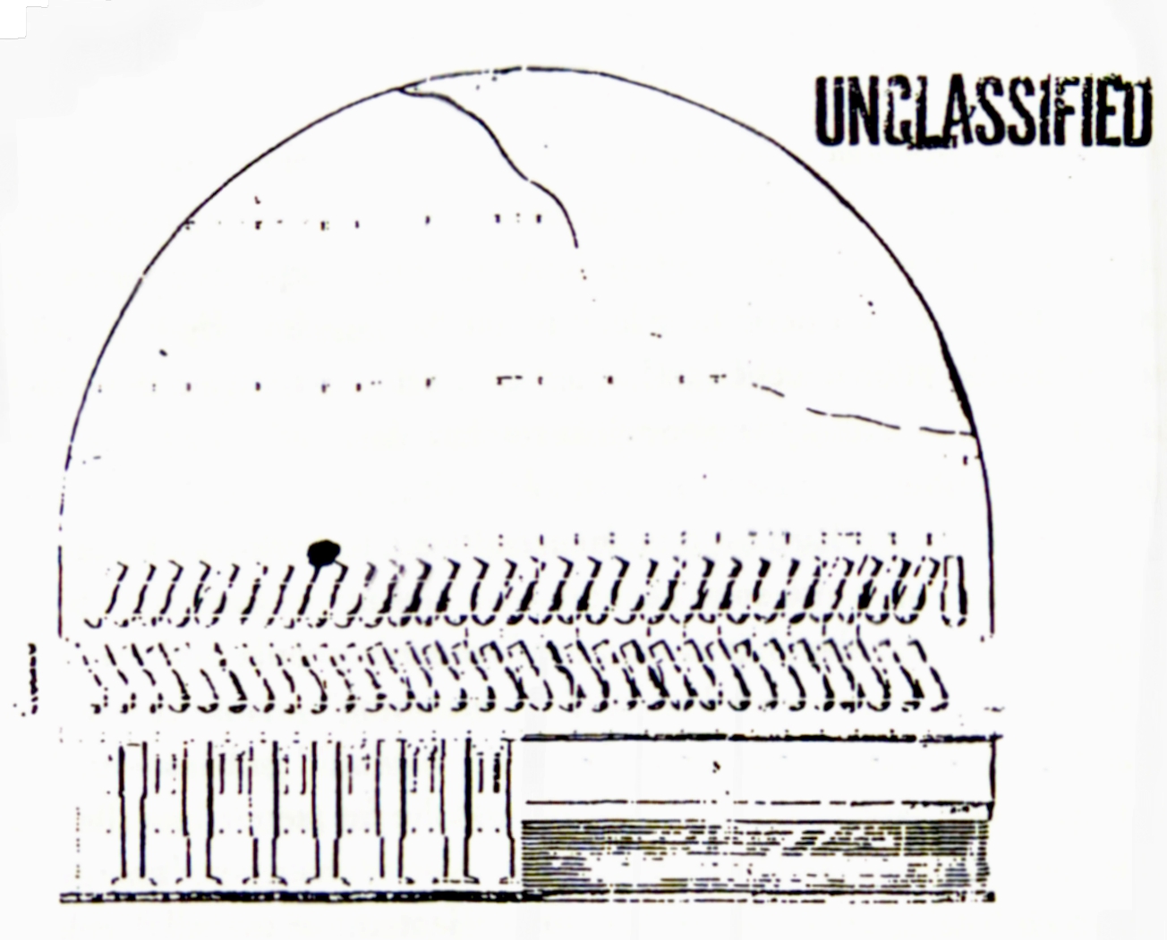 Cutaway
view of 4,000-ton, 135-foot-diameter Orion Mark 2 vehicle, showing
shock
absorbers and storage of 1,400 bombs.