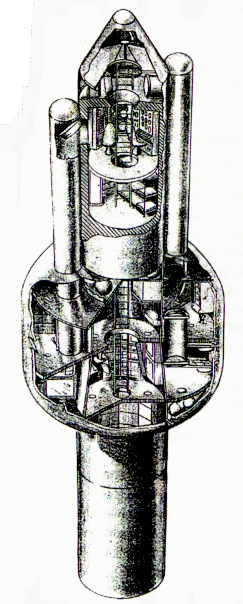 Crew
quarters for the 10-meter Mars exploration vehicle, showing (at top)
the
navigation station, radiation-shielded propulsion control center, and
storm
cellar, with lateral passageways to the rest of the ship. The
furnishings in the main crew quarters (widened
section) will be used
under artificial gravity during coast periods and appear upside down.