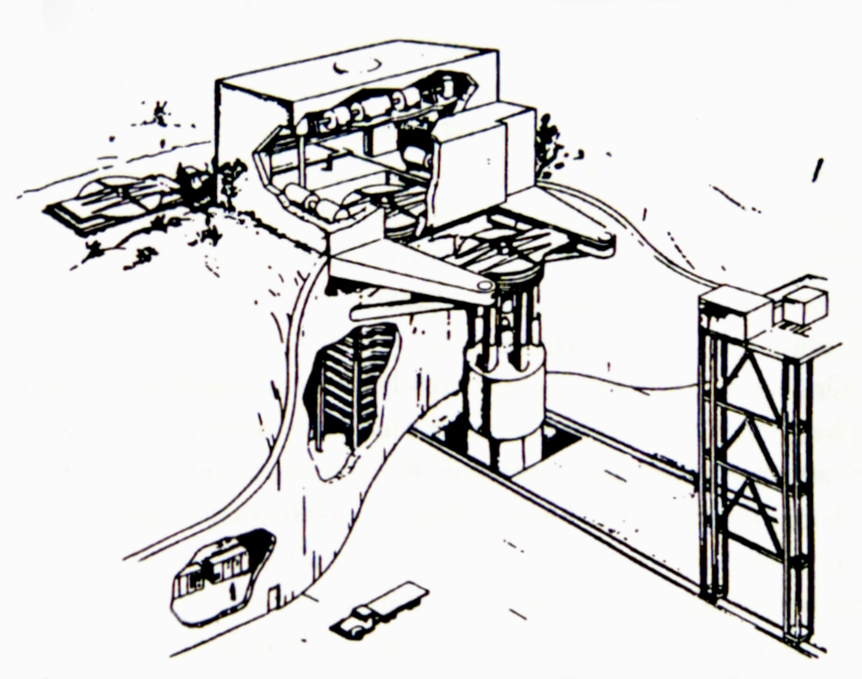 Repetitive high-explosive test facility designed by Hans Amtmann and Ed Day in 1964 to allow pulse-per-second testing of a full-size 10-meter Orion engine on the ground.