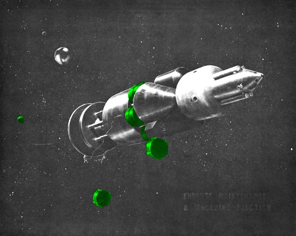 Empty
propellant magazines are ejected and en route maintenance performed,
two days
after departure from Earth orbit for Mars.