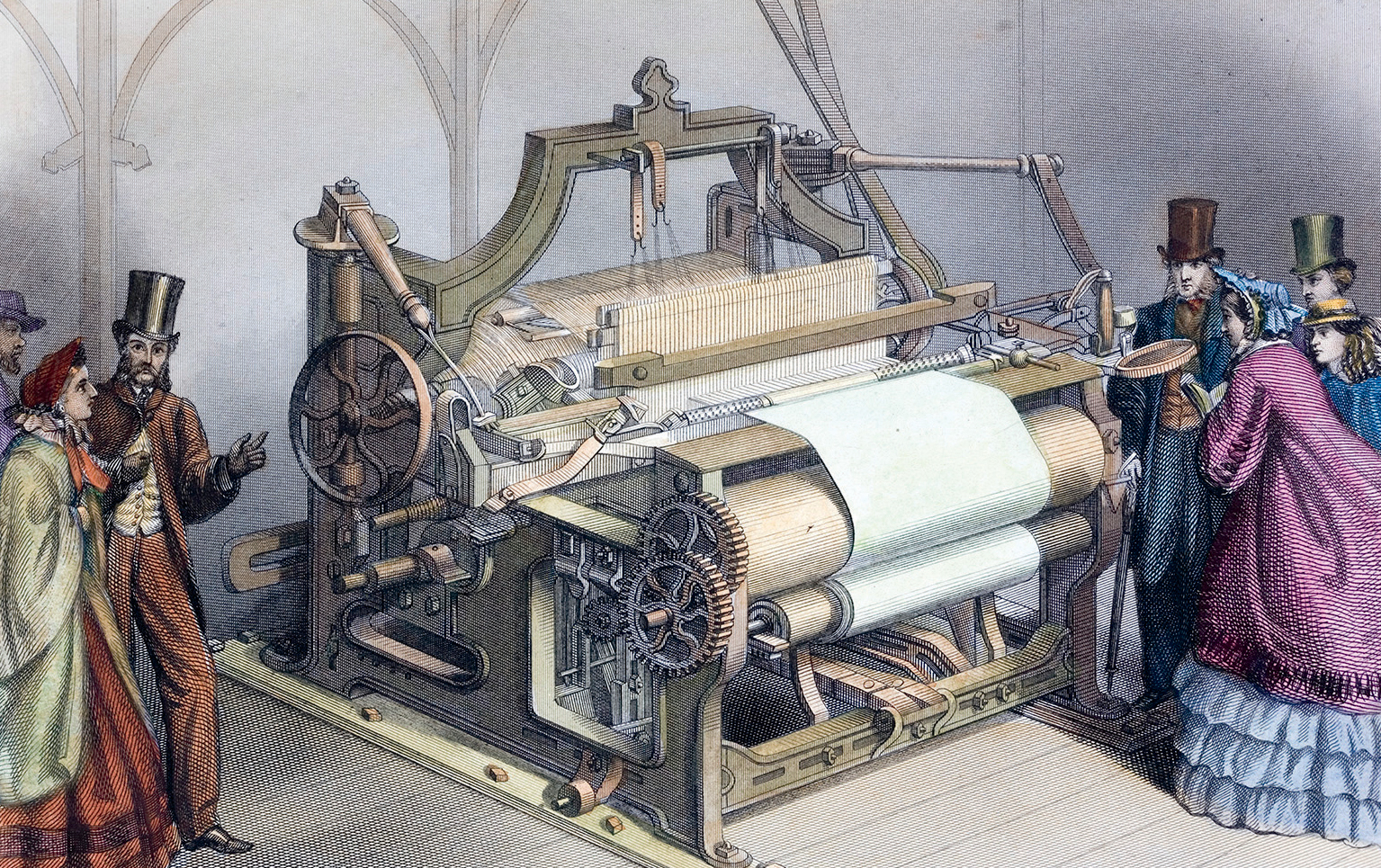  W G Taylor's Power Loom and Patent Calico Machine being inspected by expensively dressed Victorian ladies and gentlemen. Hand coloured print. The caption claims that the machine won a "Gold Medal" in 1862. (Photo by Michael Nicholson/Corbis via Getty Images)