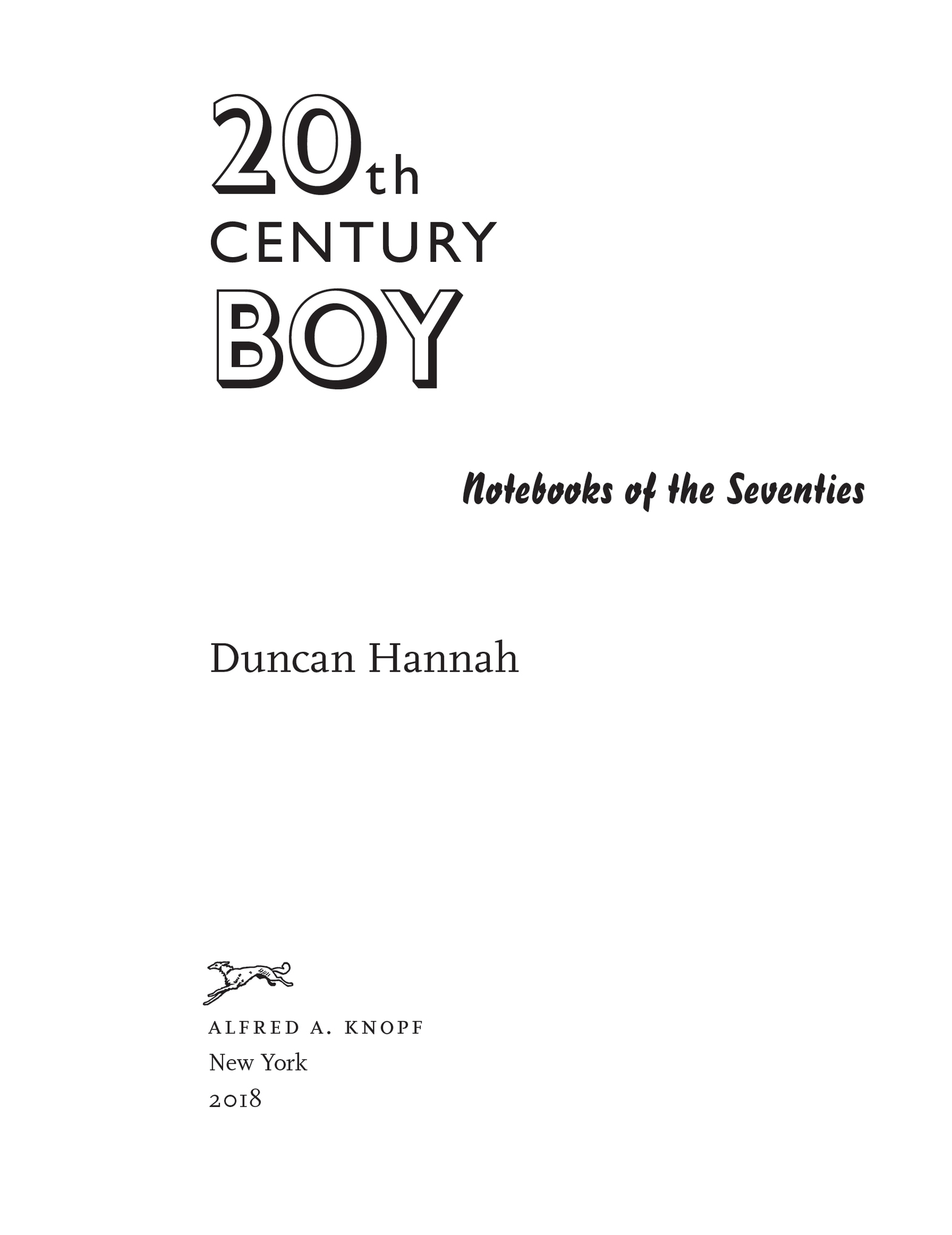 Book title, Twentieth-Century Boy, subtitle, Notebooks of the Seventies, author, Duncan Hannah, imprint, Knopf