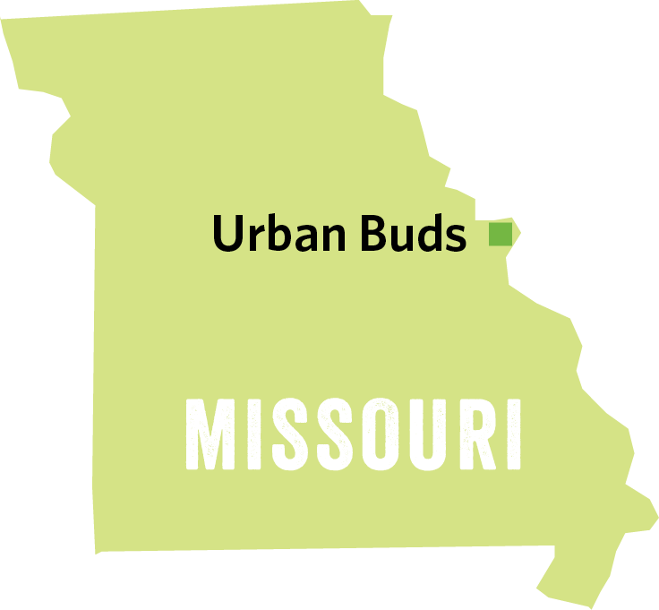 An outline of Missouri showing Urban Buds in the mid eastern portion