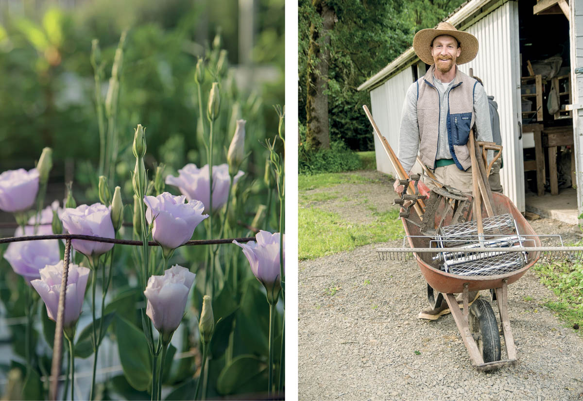 Flowers and a farmer with equipment