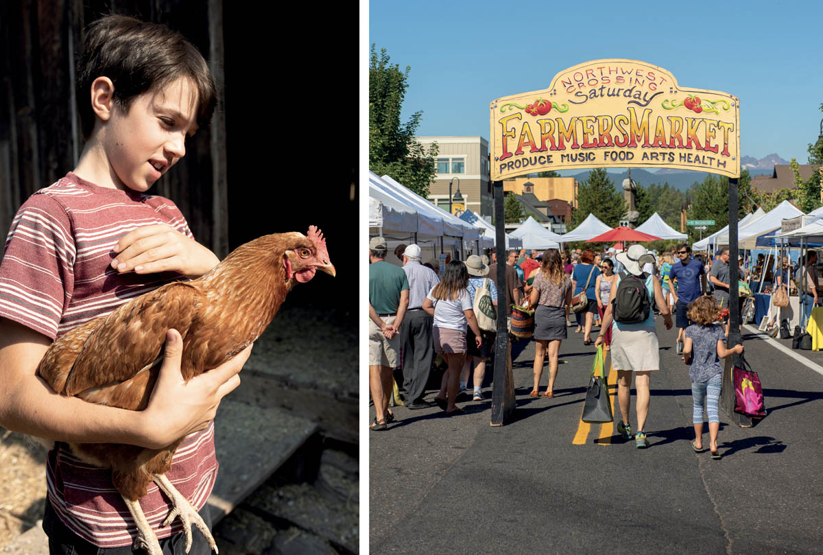 A boy holding a chicken, and the entrance to a a farmers market