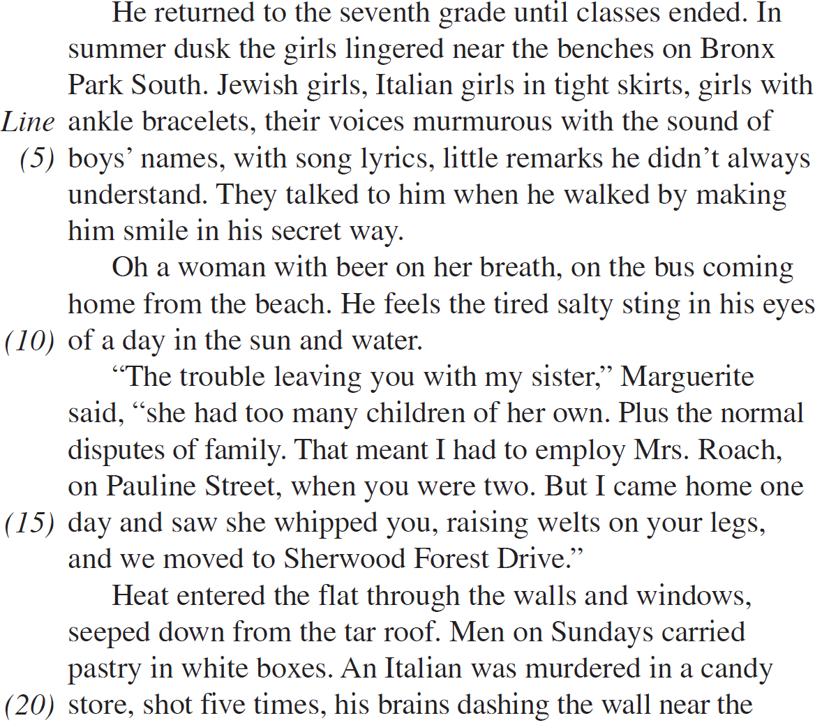 He returned to the seventh grade until classes ended. In summer dusk the girls lingered near the benches on Bronx Park South. Jewish girls, Italian girls in tight skirts, girls with ankle bracelets, their voices murmurous with the sound of boys’ names, with song lyrics, little remarks he didn’t always understand. They talked to him when he walked by making him smile in his secret way. Oh a woman with beer on her breath, on the bus coming home from the beach. He feels the tired salty sting in his eyes of a day in the sun and water. “The trouble leaving you with my sister,” Marguerite said, “she had too many children of her own. Plus the normal disputes of family. That meant I had to employ Mrs. Roach, on Pauline Street, when you were two. But I came home one day and saw she whipped you, raising welts on your legs, and we moved to Sherwood Forest Drive.” Heat entered the flat through the walls and windows, seeped down from the tar roof. Men on Sundays carried pastry in white boxes. An Italian was murdered in a candy store, shot five times, his brains dashing the wall near the