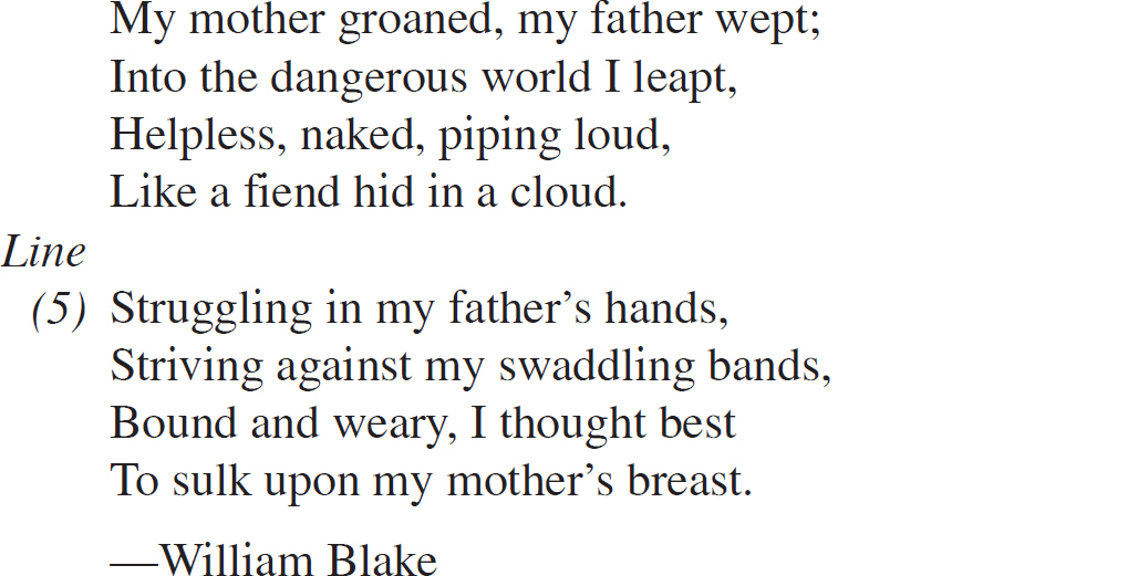 My mother groaned, my father wept; Into the dangerous world I leapt, Helpless, naked, piping loud, Like a fiend hid in a cloud. Struggling in my father’s hands, Striving against my swaddling bands, Bound and weary, I thought best To sulk upon my mother’s breast. —William Blake